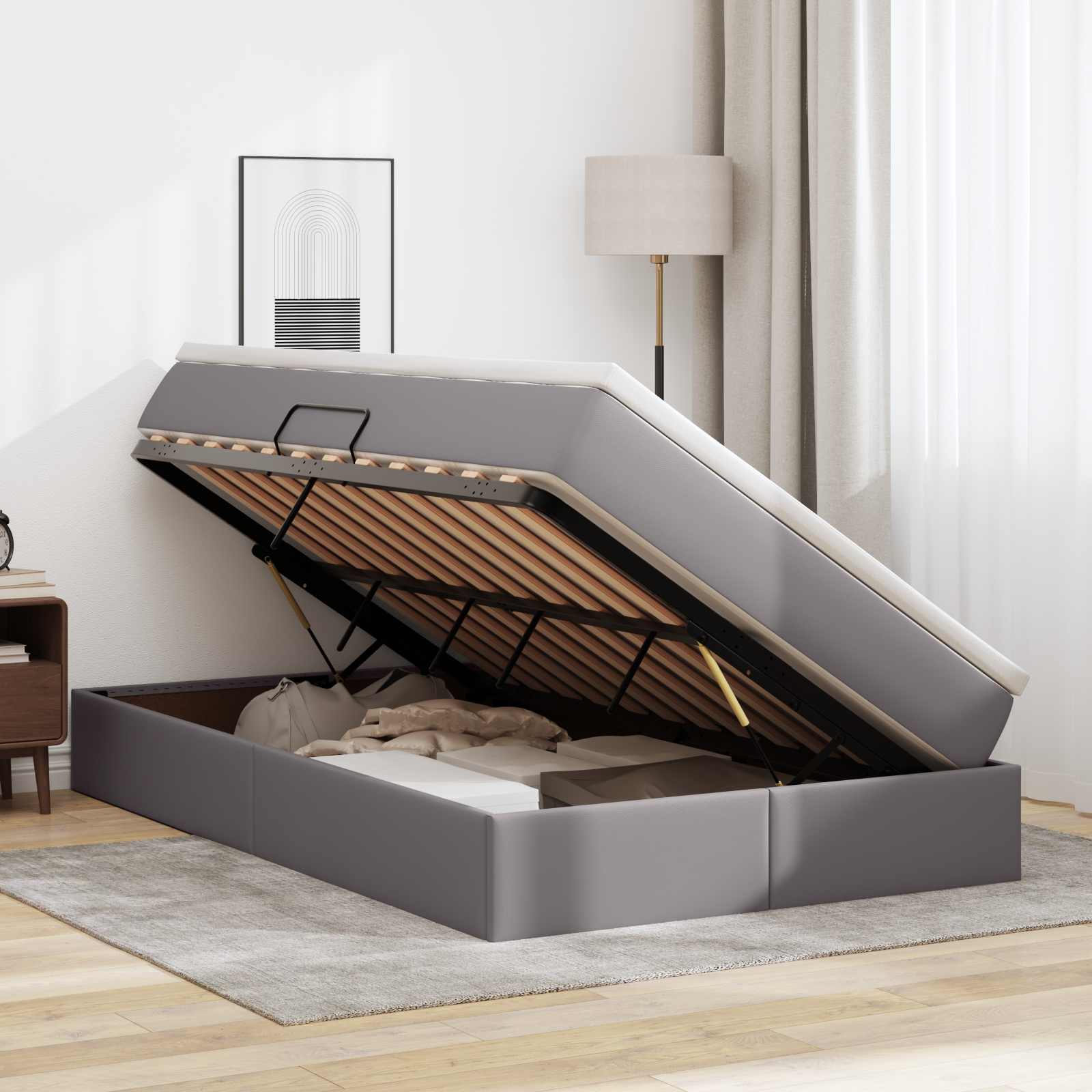 Lit avec rangement et matelas Gris 120 x 190 cm Simili cuir