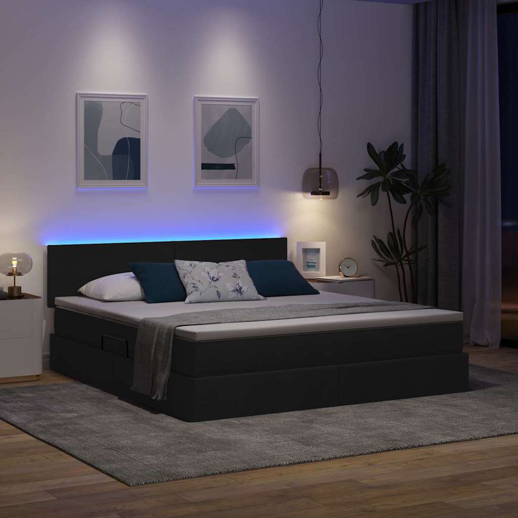 Lit avec rangement et LED avec matelas Noir 180 x 200 cm tissu - XIOS