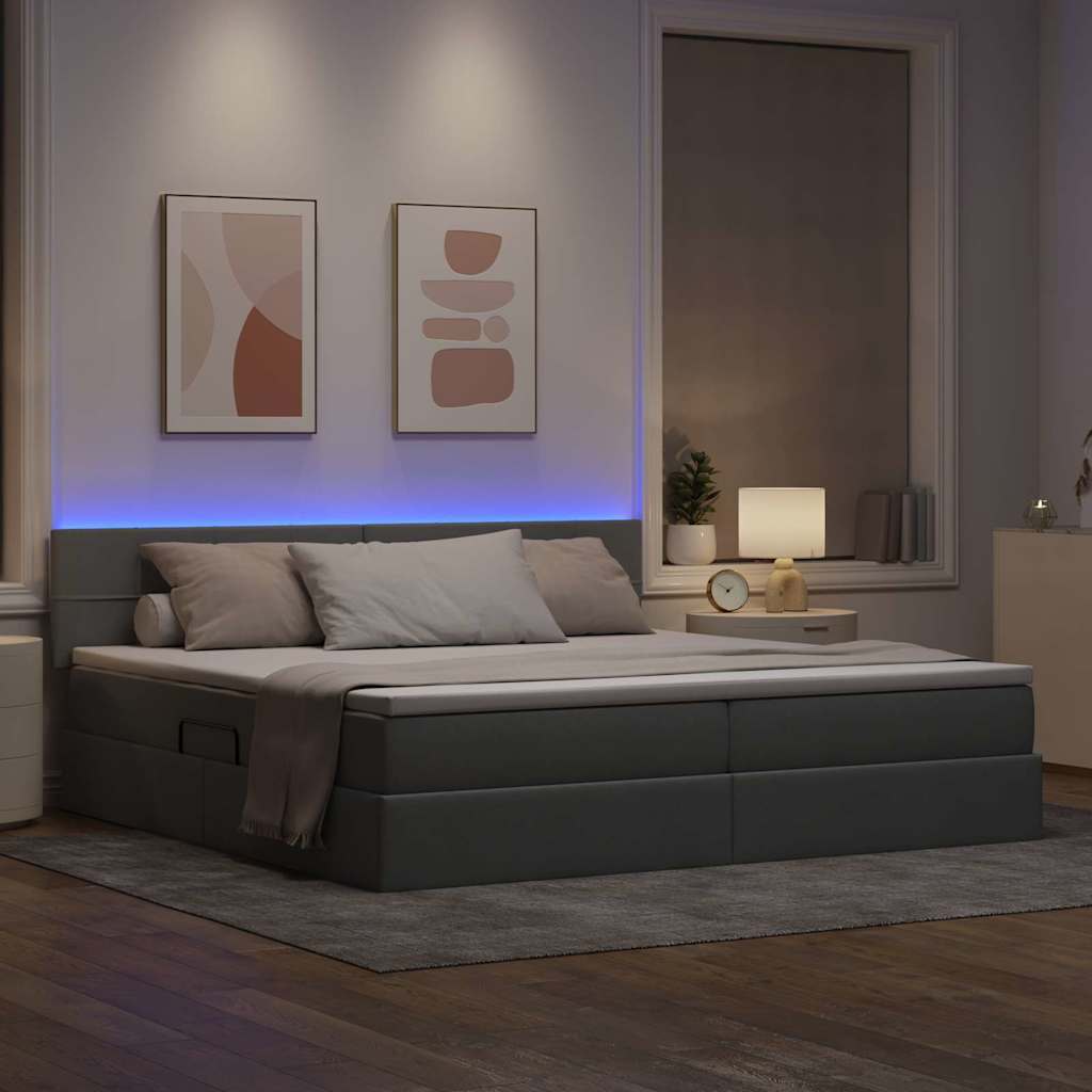 Lit avec rangement et LED Gris clair 200 x 200 cm tissu - XIOS