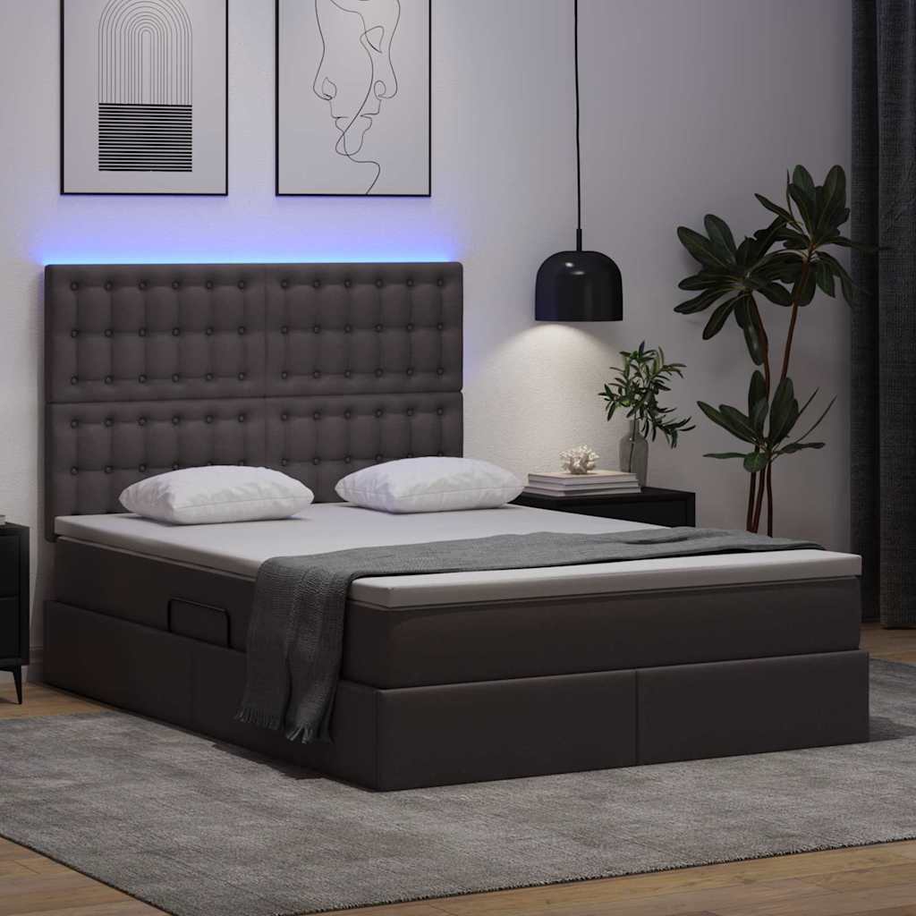 Lit avec rangement et LED Gris 140 x 190 cm Simili cuir