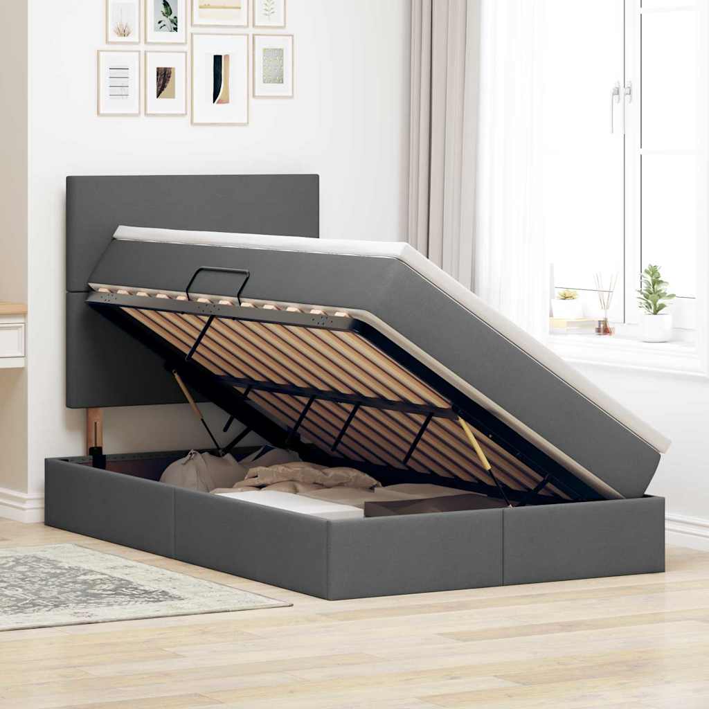 Lit de rangement LED avec matelas Gris foncé 120 x 200 cm Tissu