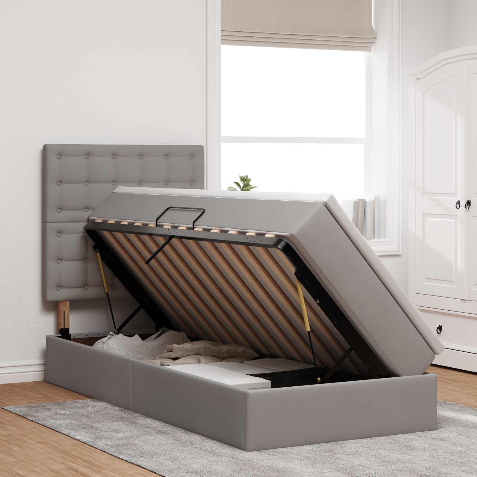 Lit de rangement LED avec matelas Taupe 90 x 200 cm Tissu - XIOS
