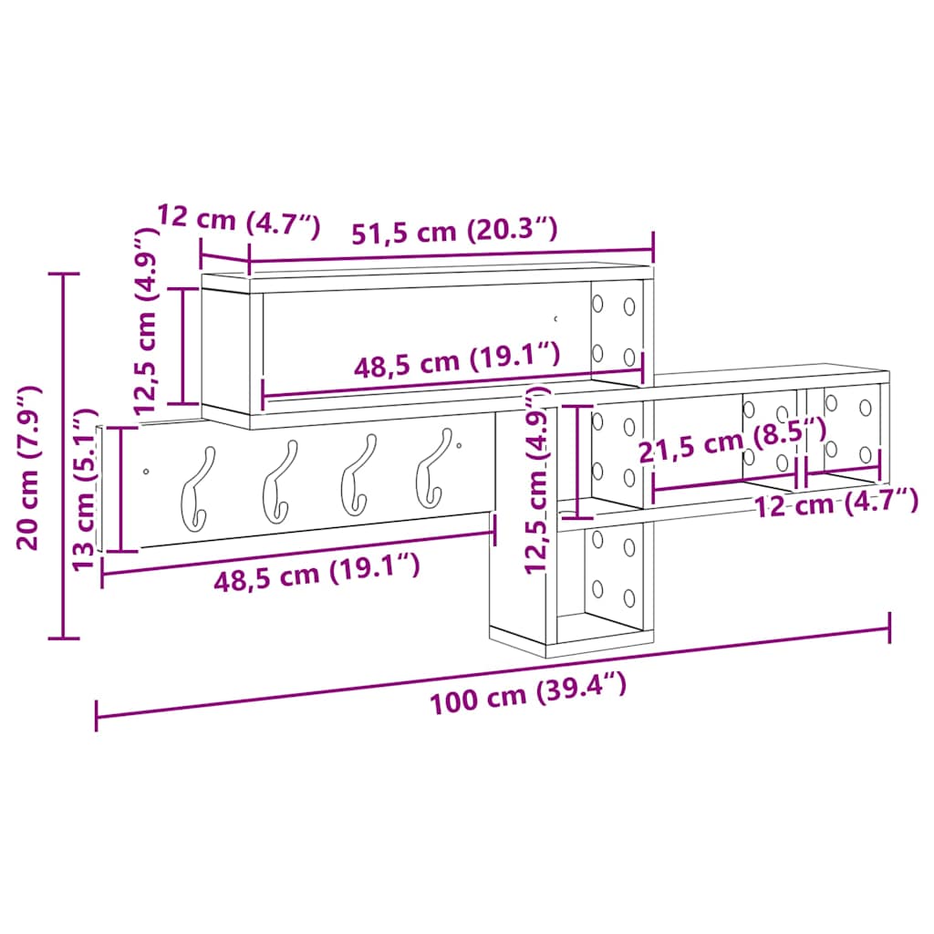 Porte-manteau mural avec étagère Sonoma gris 100 x 12 x 43,5 cm
