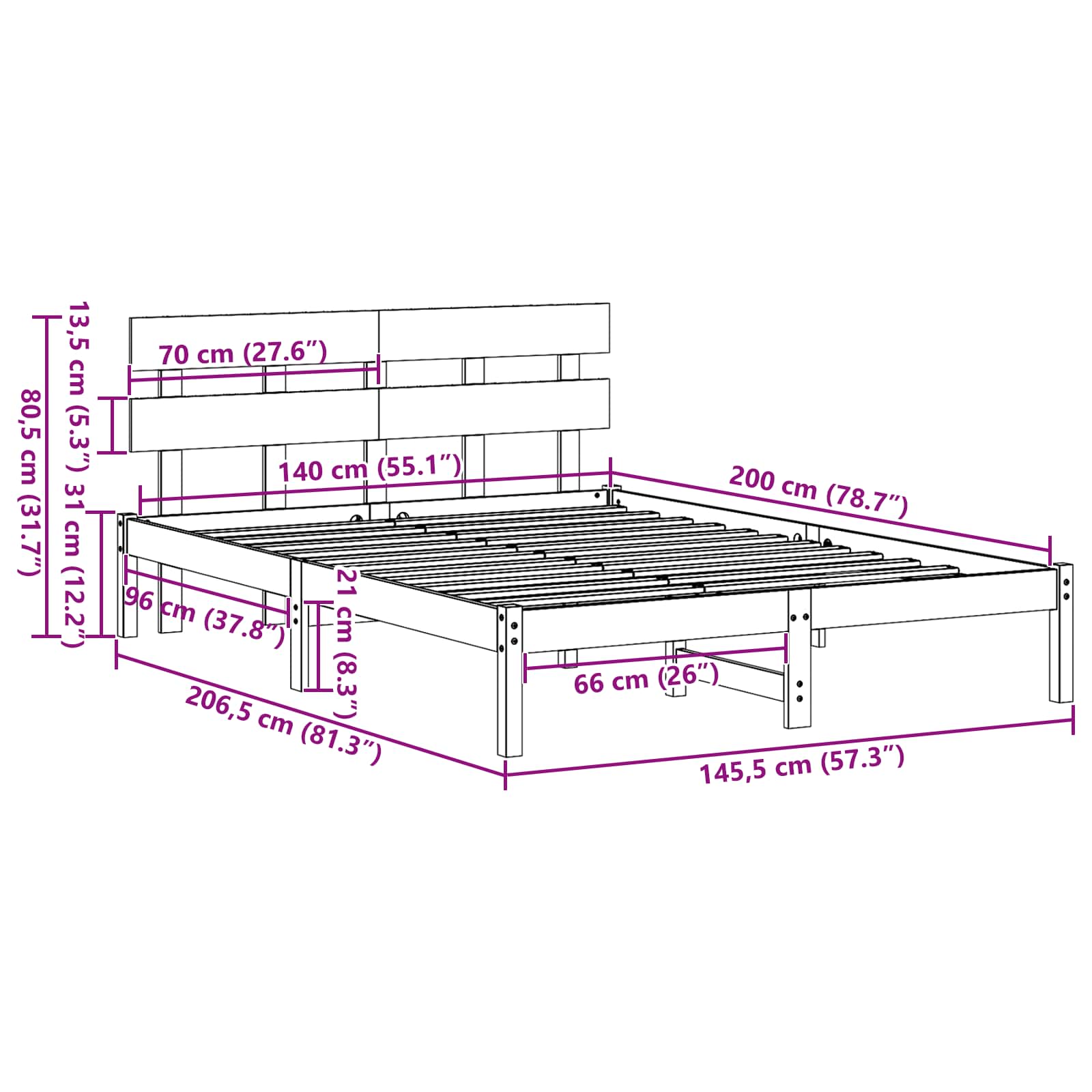 Cadre de lit Marron 140 x 200 cm Bois de pin massif - XIOS