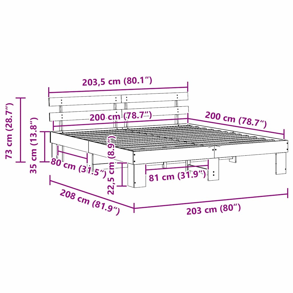 Cadre de lit avec tête de lit Naturel 200 x 200 cm Pin massif - XIOS