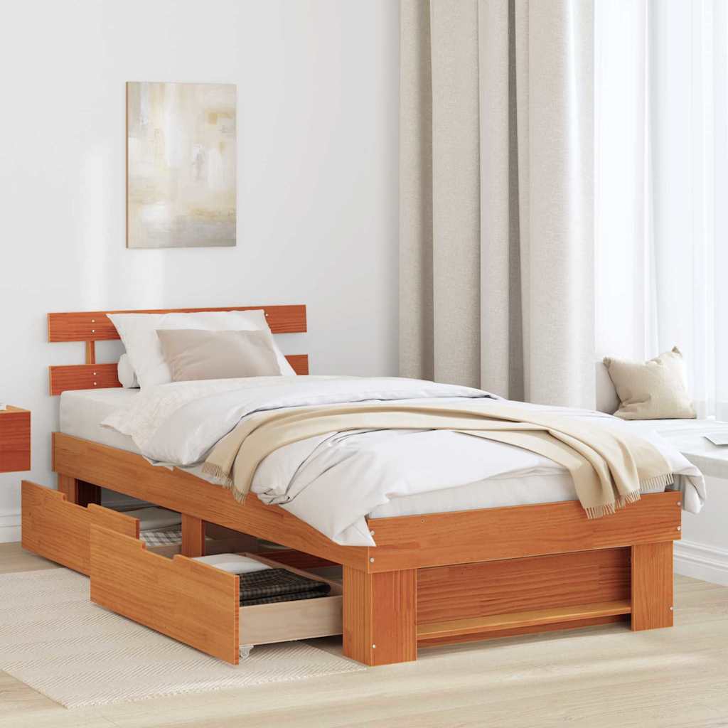 Cadre de lit avec tête de lit Brun cire 90 x 190 cm Pin massif - XIOS