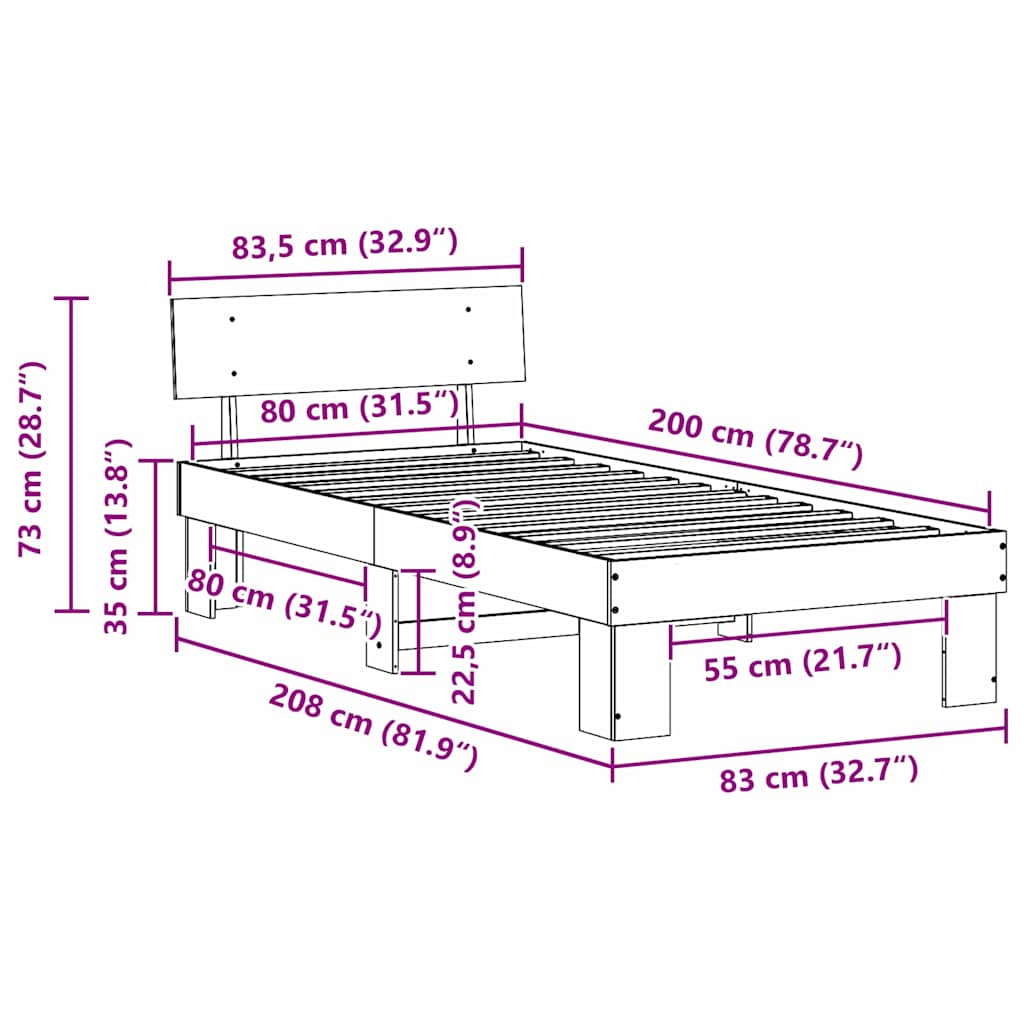 Cadre de lit avec tête de lit Naturel 80 x 200 cm Pin massif - XIOS