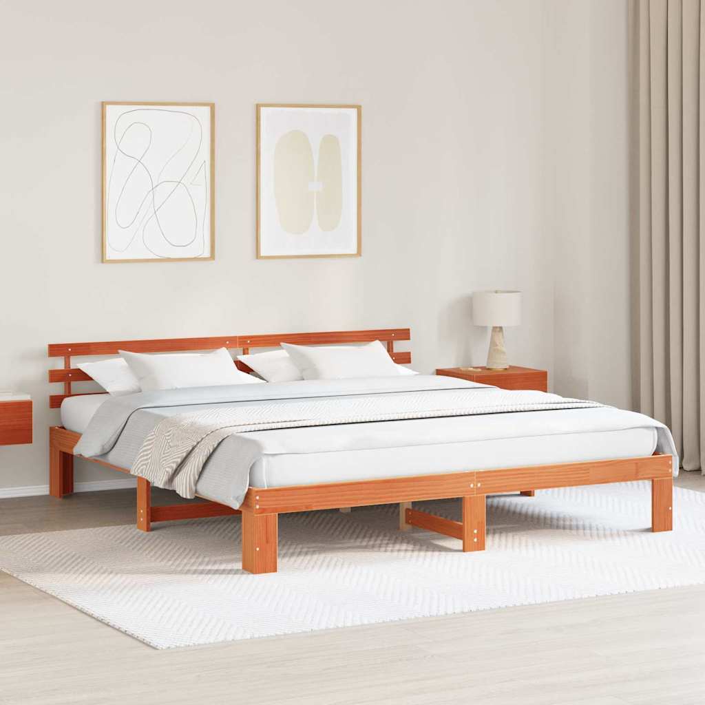 Cadre de lit avec tête de lit Brun cire 200 x 200 cm Pin massif