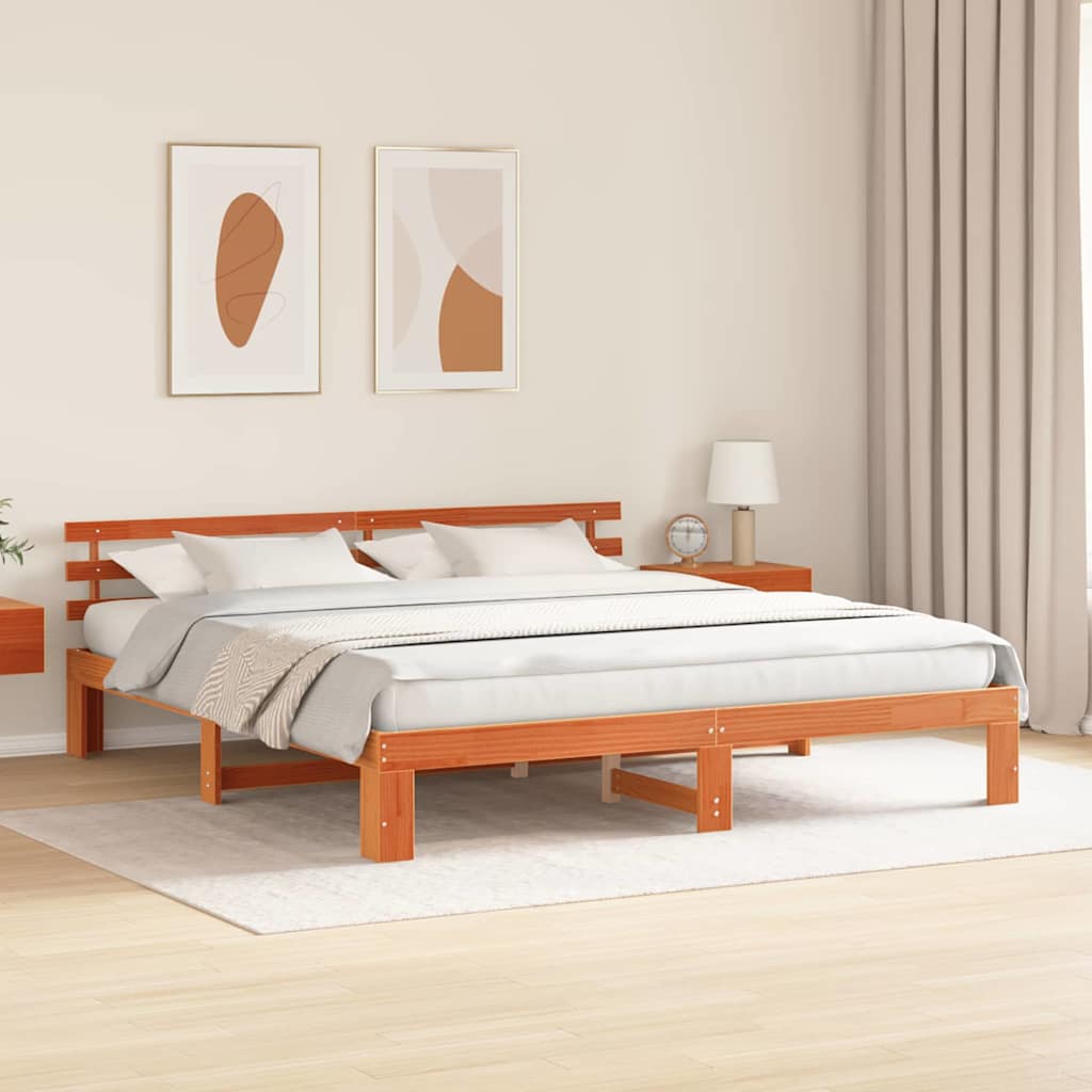 Cadre de lit avec tête de lit Brun cire 200 x 200 cm Pin massif - XIOS