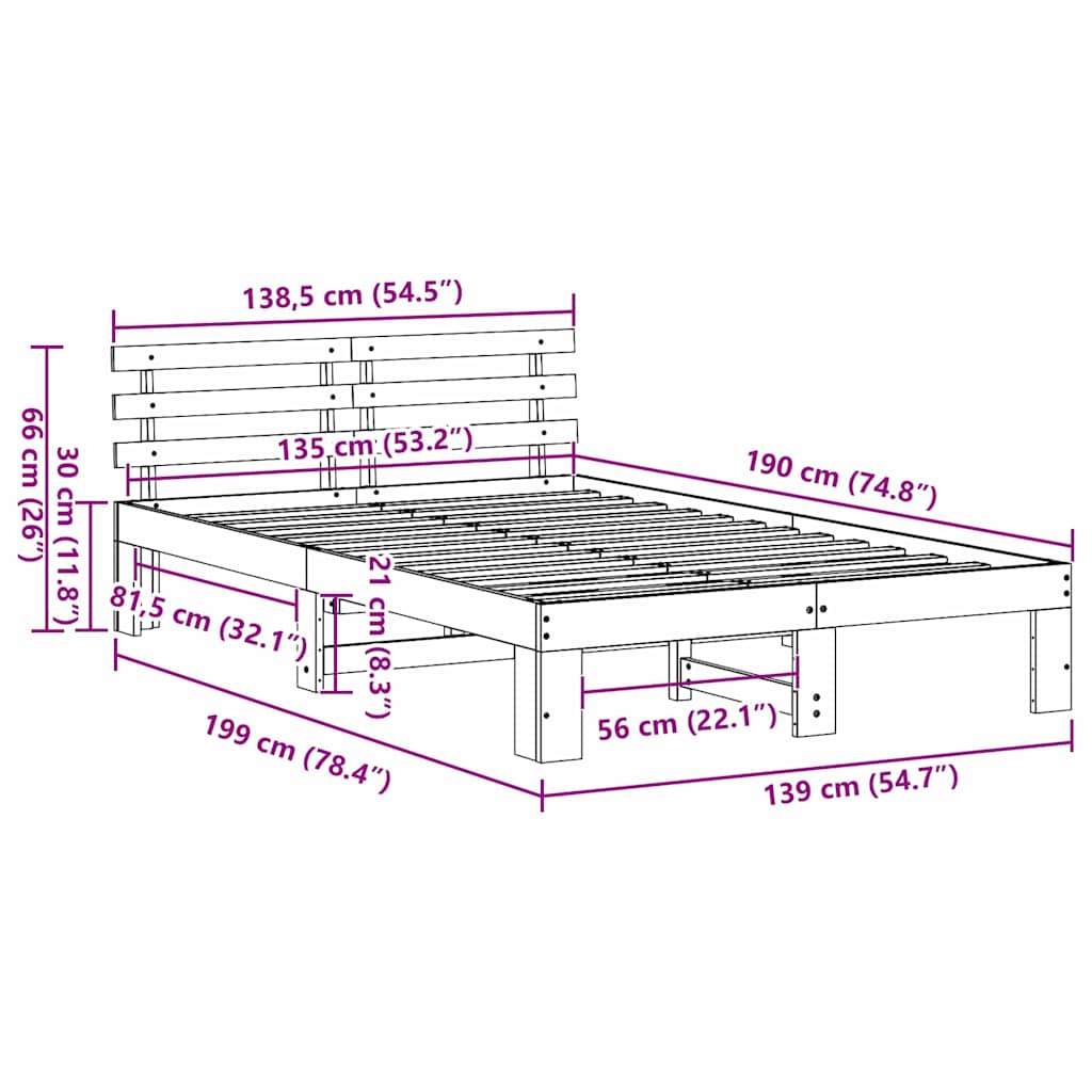 Cadre de lit avec tête de lit Naturel 135 x 190 cm Pin massif - XIOS