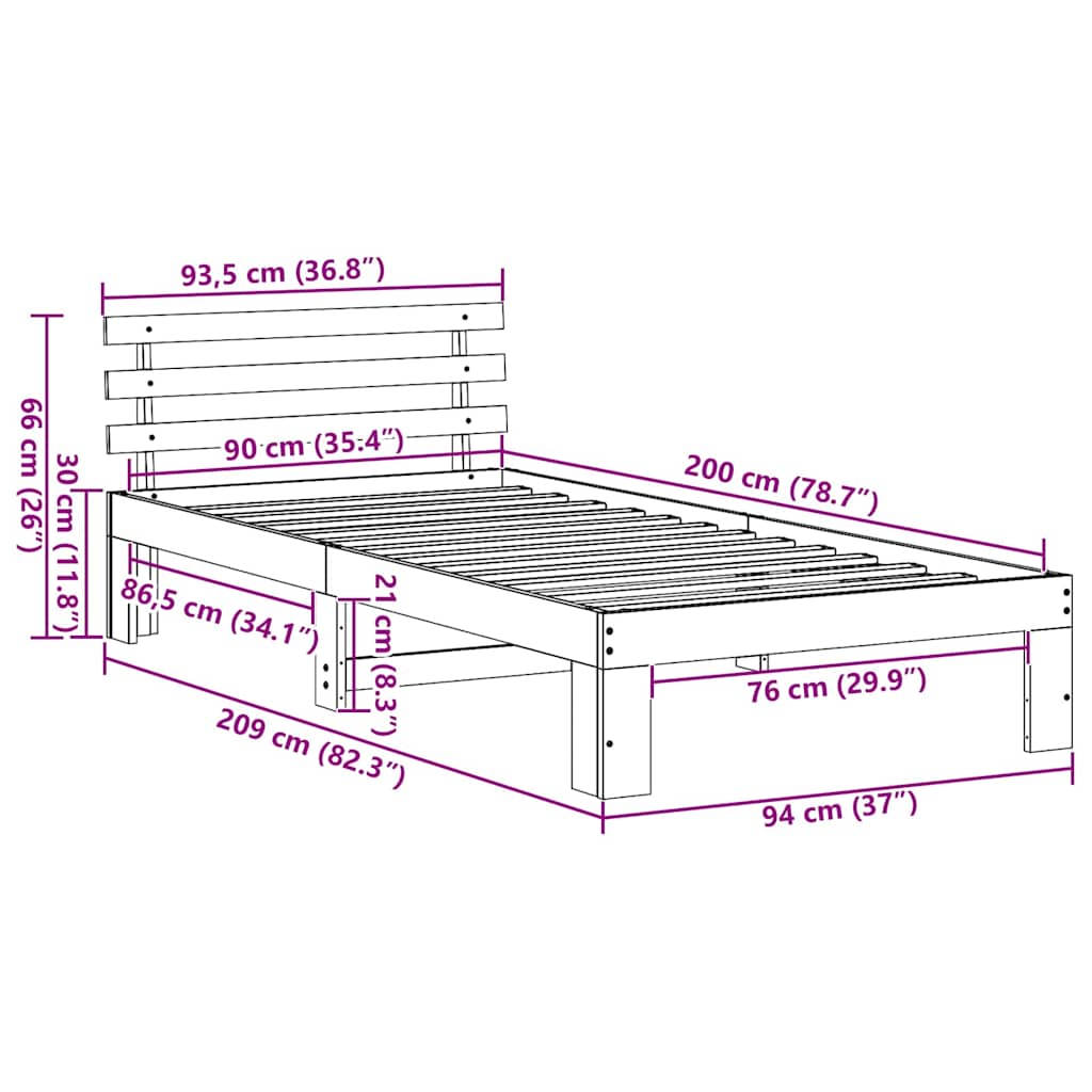 Cadre de lit avec tête de lit Naturel 90 x 200 cm Pin massif - XIOS