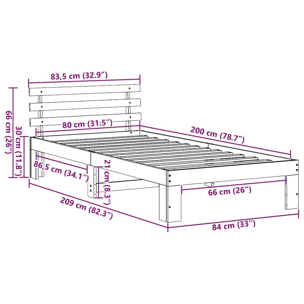 Cadre de lit avec tête de lit Blanc 80 x 200 cm Pin massif - XIOS