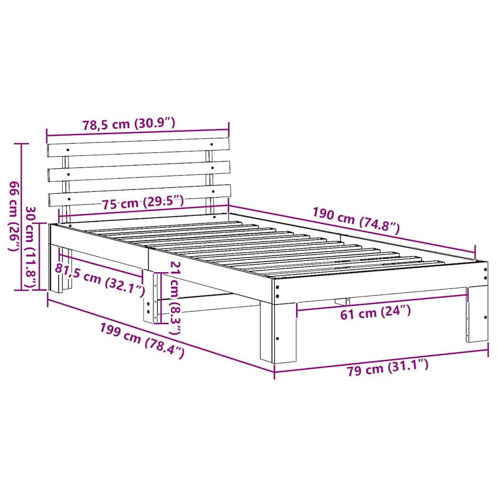 Cadre de lit avec tête de lit Brun cire 75 x 190 cm Pin massif - XIOS