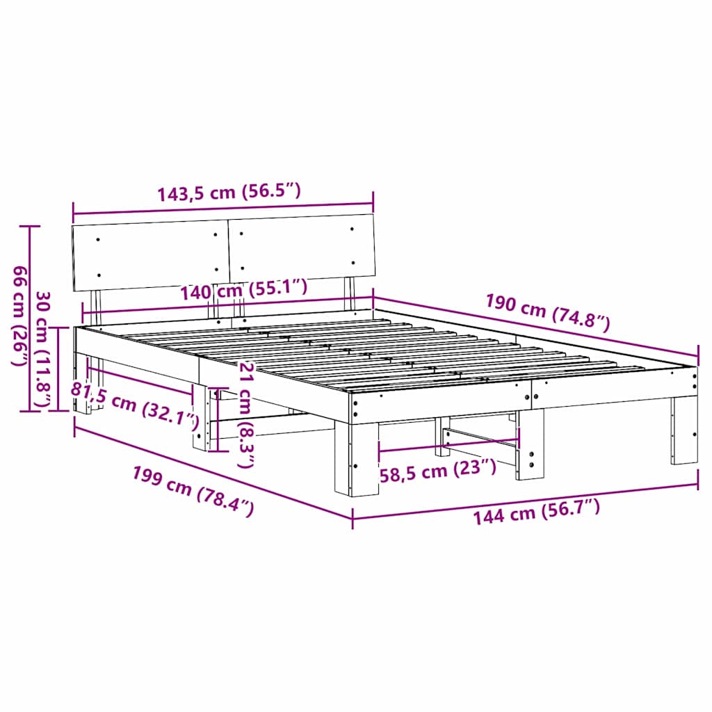 Cadre de lit avec tête de lit Brun cire 140 x 190 cm Pin massif - XIOS