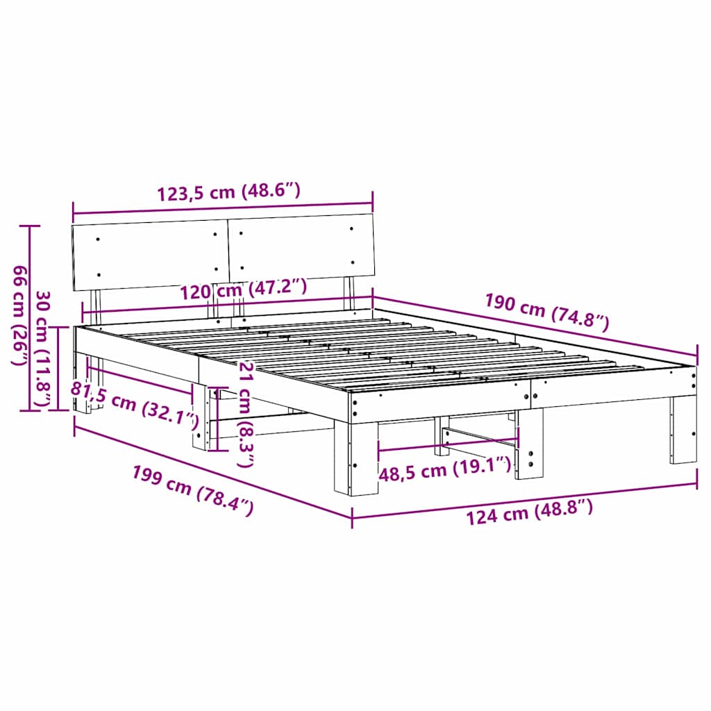 Cadre de lit avec tête de lit Naturel 120 x 190 cm Pin massif - XIOS