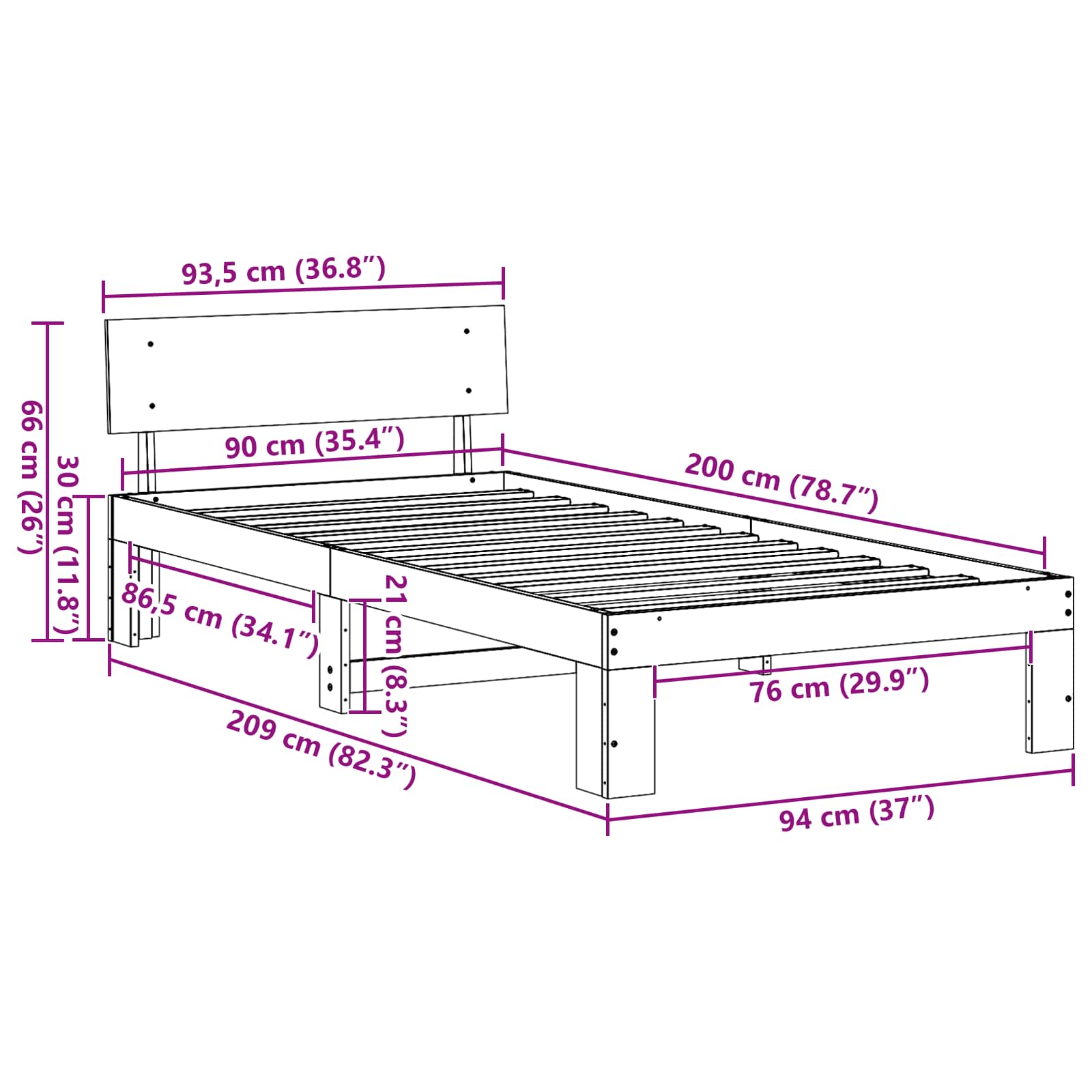 Cadre de lit avec tête de lit Naturel 90 x 200 cm Pin massif - XIOS