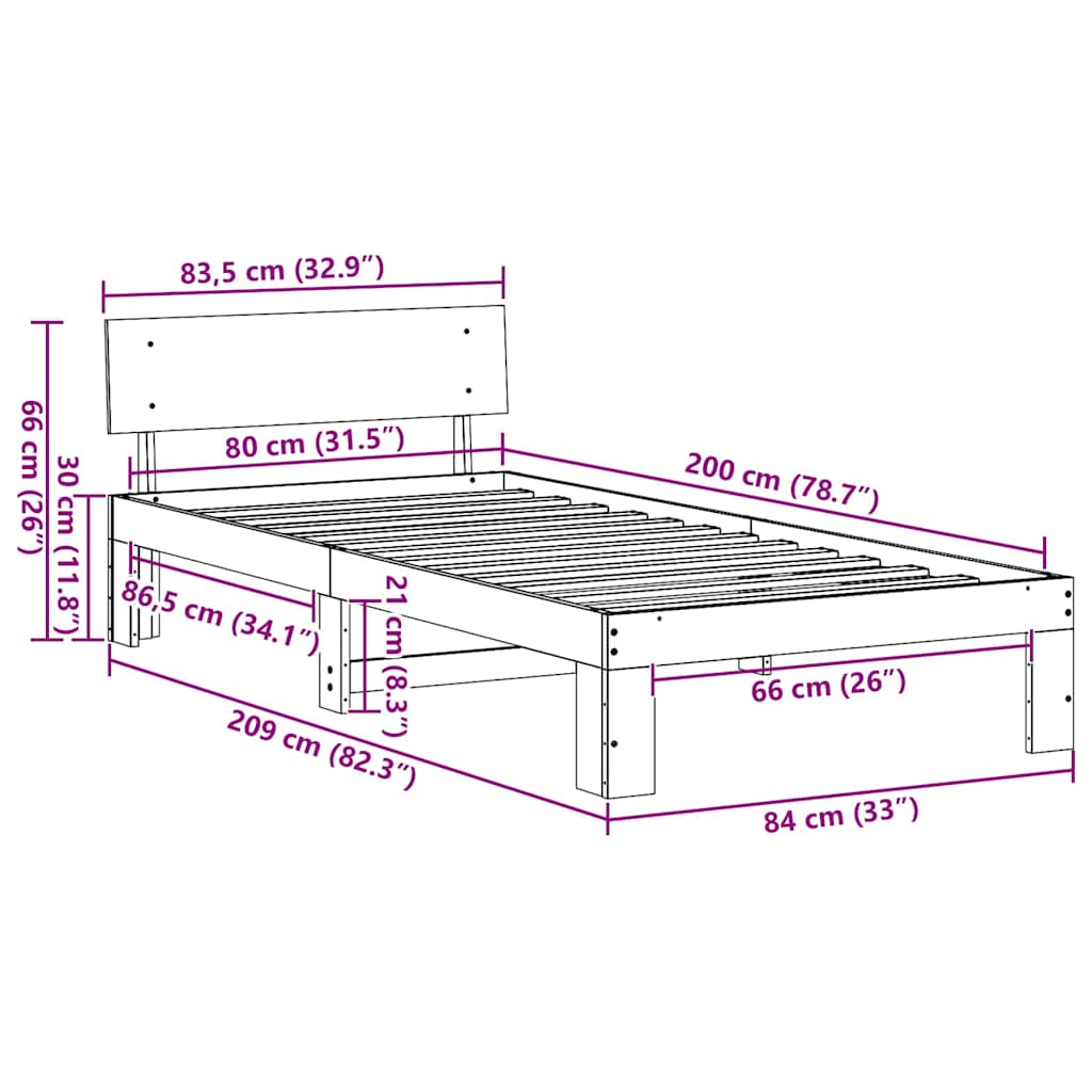 Cadre de lit avec tête de lit Brun cire 80 x 200 cm Pin massif - XIOS