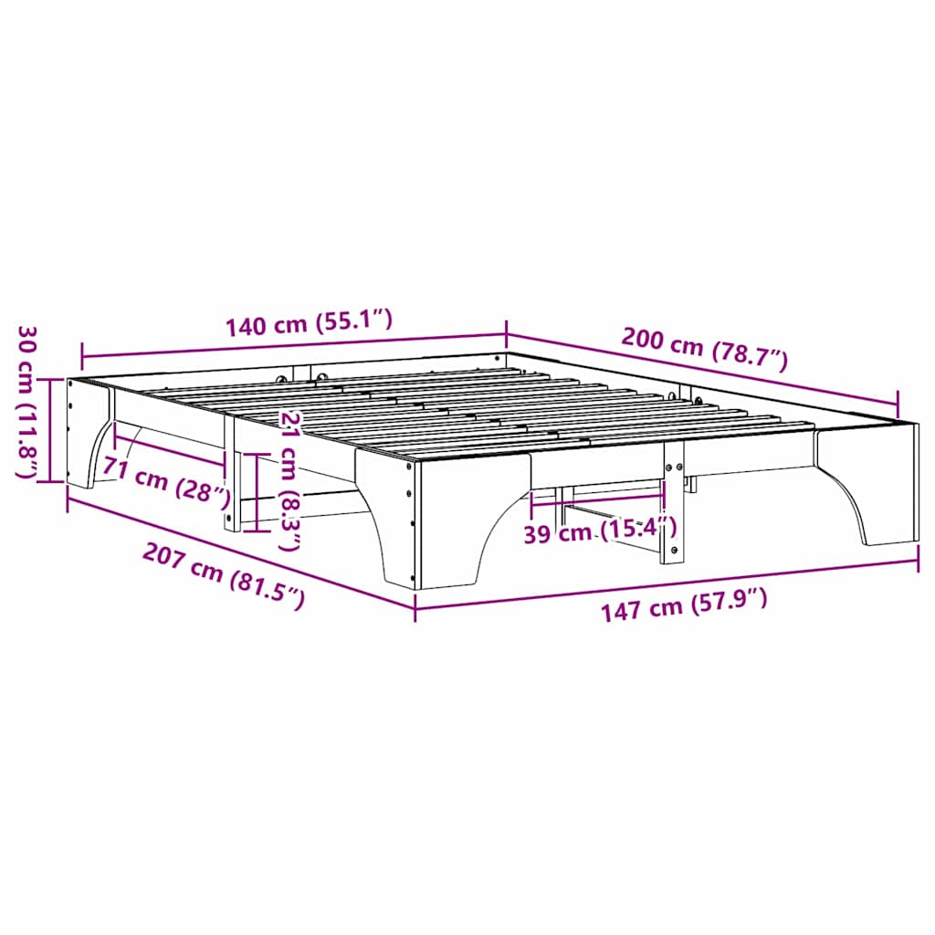 Cadre de lit Brun cire 140 x 200 cm Pin massif - XIOS