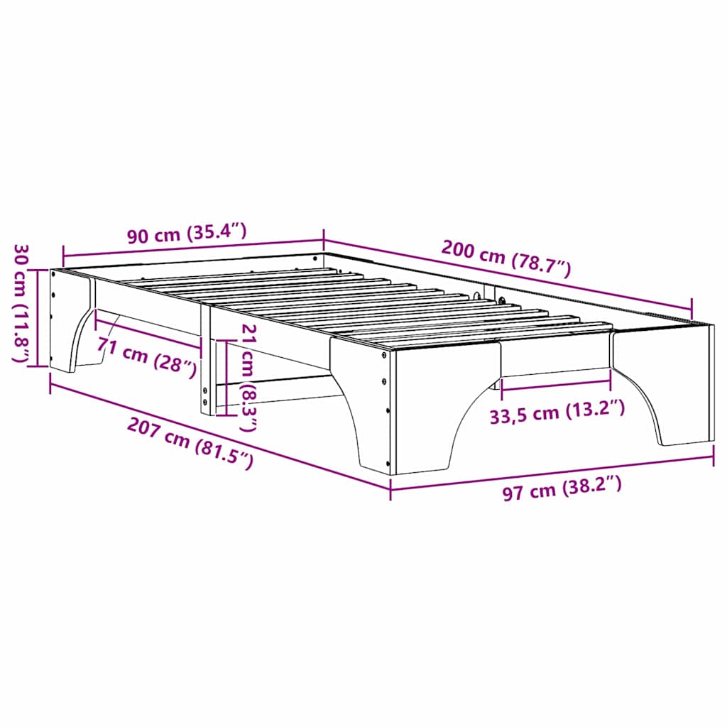Cadre de lit Brun cire 90 x 200 cm Pin massif - XIOS