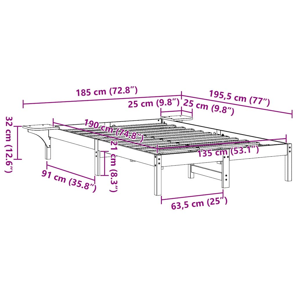 Cadre de lit Brun cire 135 x 190 cm Pin massif - XIOS