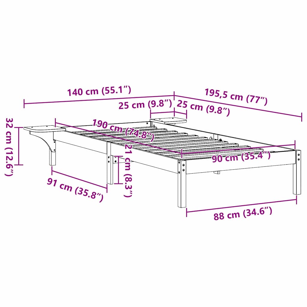 Cadre de lit Brun cire 90 x 190 cm Pin massif - XIOS