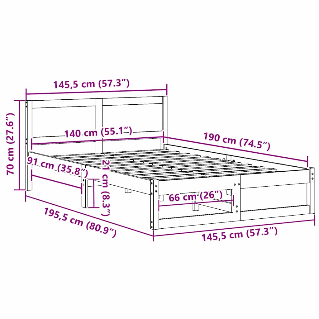 Cadre de lit avec tête de lit Naturel 140 x 190 cm Pin massif - XIOS