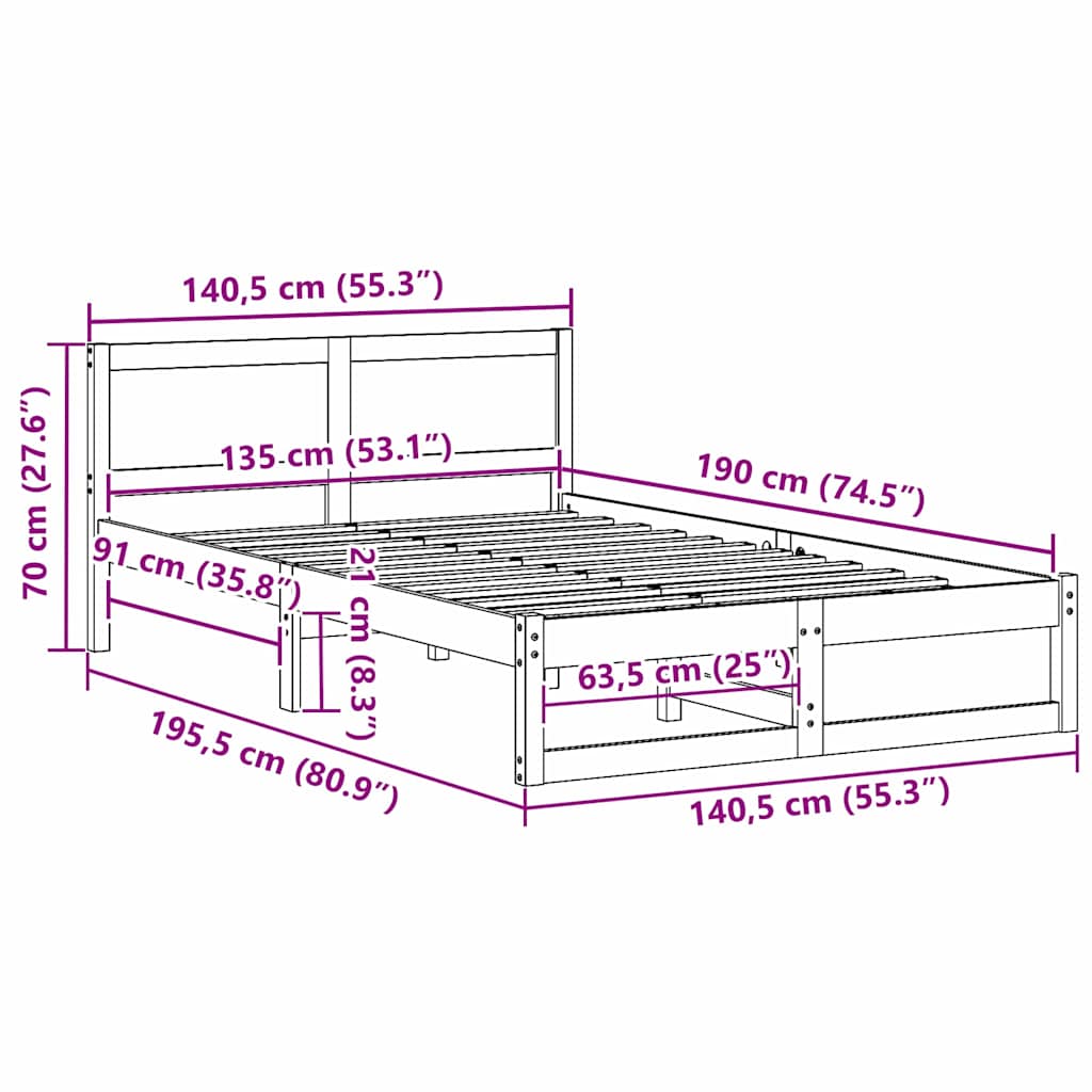 Cadre de lit avec tête de lit Blanc 135 x 190 cm Pin massif - XIOS