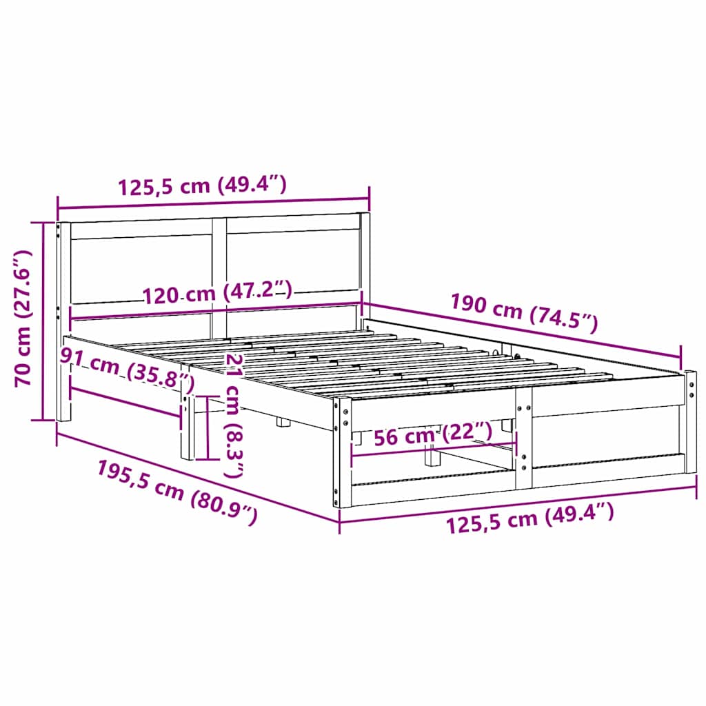 Cadre de lit avec tête de lit Naturel 120 x 190 cm Pin massif - XIOS