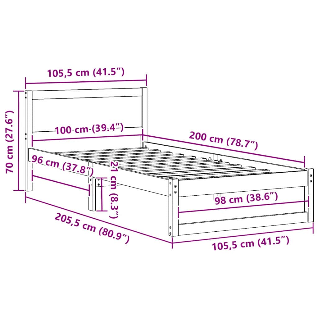 Cadre de lit avec tête de lit Naturel 100 x 200 cm Pin massif - XIOS