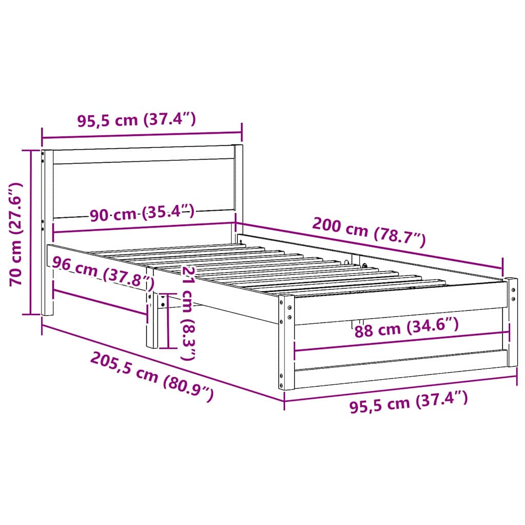 Cadre de lit avec tête de lit Blanc 90 x 200 cm Pin massif - XIOS