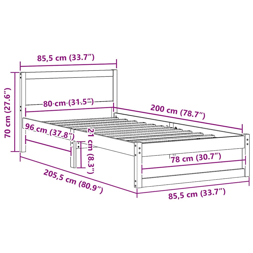 Cadre de lit avec tête de lit Brun cire 80 x 200 cm Pin massif - XIOS