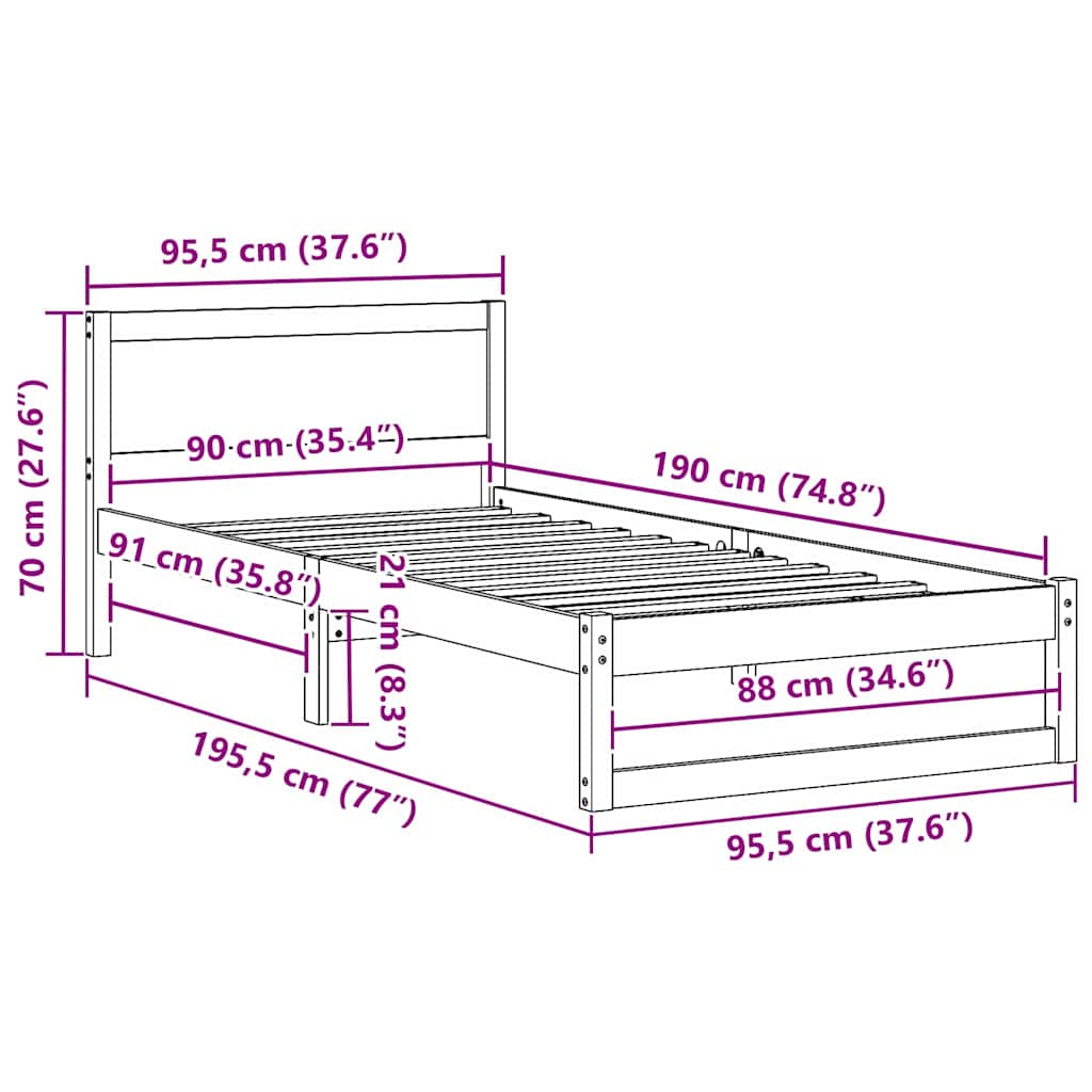 Cadre de lit avec tête de lit Brun cire 90 x 190 cm Pin massif - XIOS