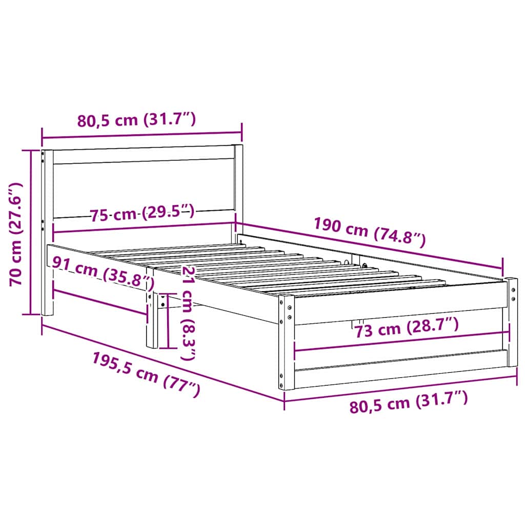 Cadre de lit avec tête de lit Brun cire 75 x 190 cm Pin massif - XIOS
