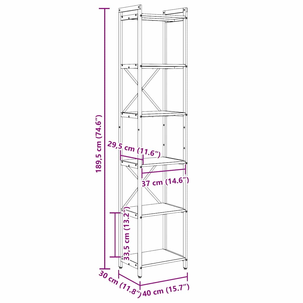 Bibliothèque Sonoma gris 40 x 30 x 188 cm Bois d'ingénierie - XIOS