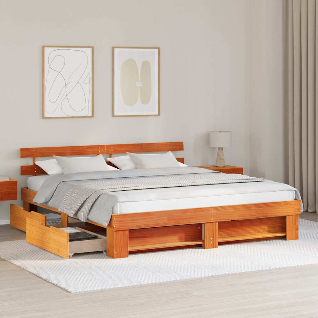 Cadre de lit avec tête de lit Brun cire 200 x 200 cm Pin massif - XIOS