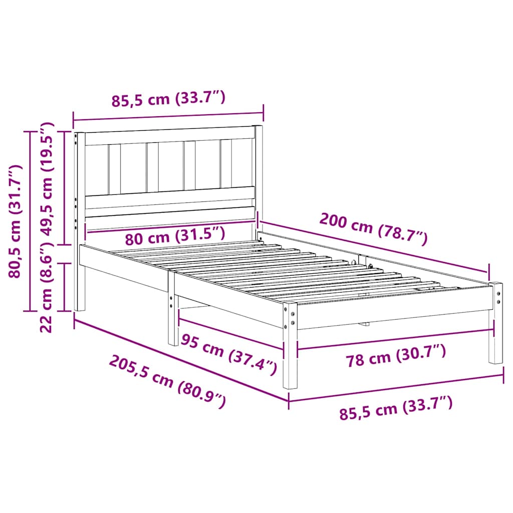 Cadre de lit avec tête de lit Brun cire 80 x 200 cm Pin massif - XIOS