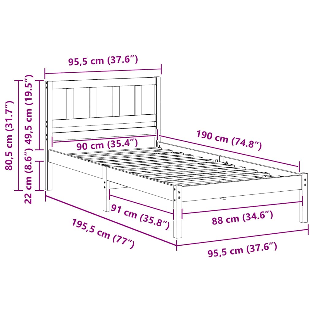 Cadre de lit avec tête de lit Brun cire 90 x 190 cm Pin massif - XIOS