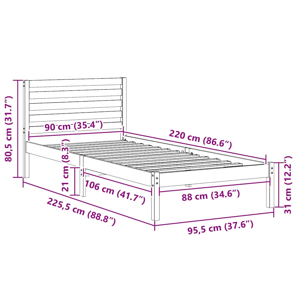 Cadre de lit avec tête de lit Brun cire 90 x 220 cm Pin massif - XIOS