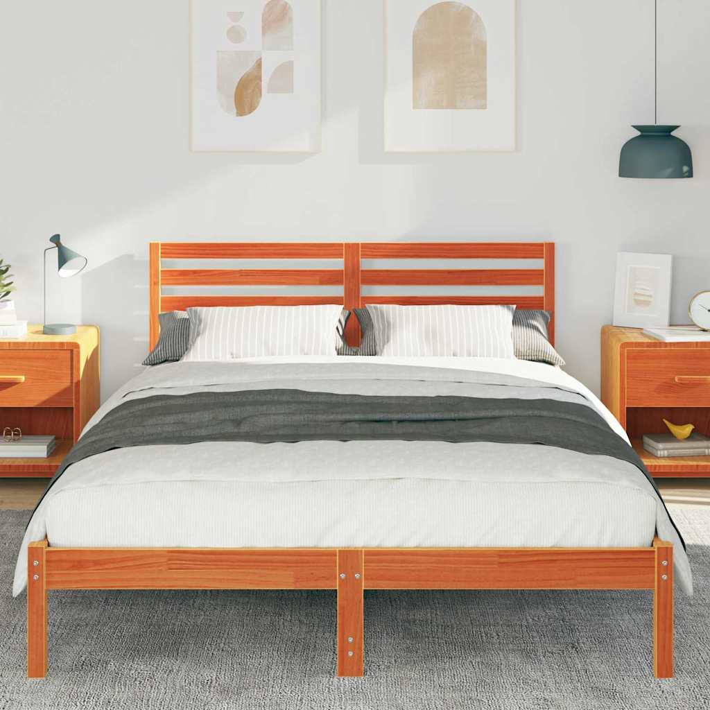 Cadre de lit avec tête de lit Brun cire 140 x 220 cm Pin massif