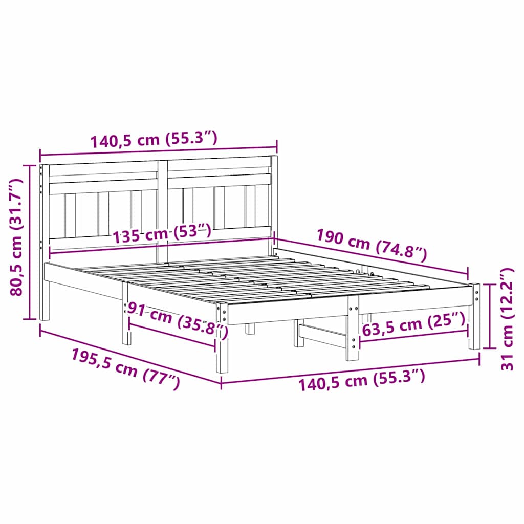 Cadre de lit Marron 135 x 190 cm Pin massif - XIOS