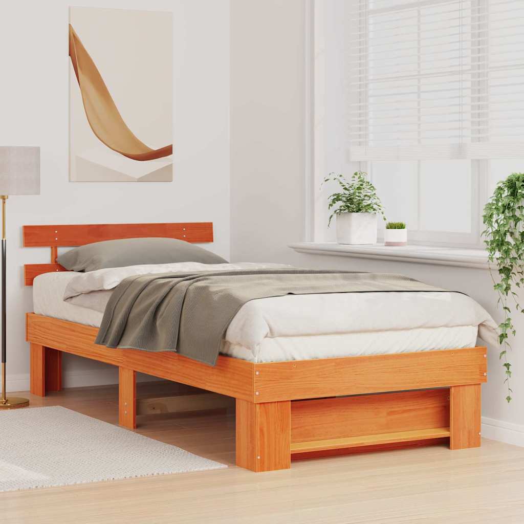 Cadre de lit avec tête de lit Brun cire 90 x 200 cm Pin massif - XIOS