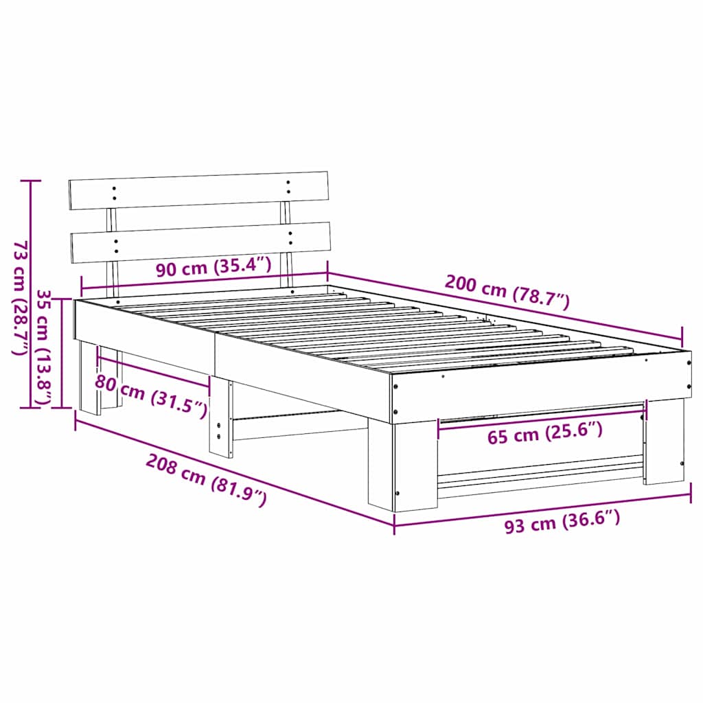 Cadre de lit avec tête de lit Brun cire 90 x 200 cm Pin massif - XIOS