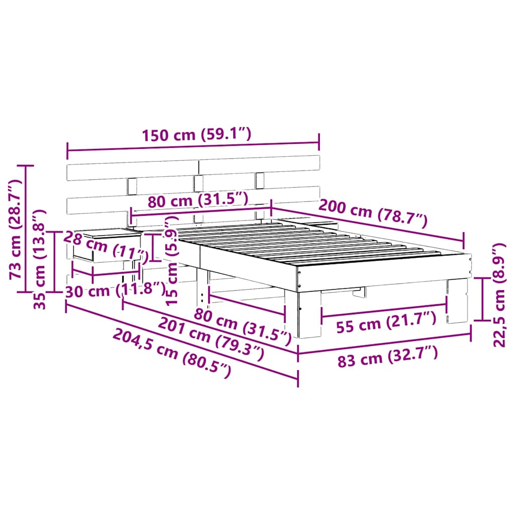 Cadre de lit avec tête de lit Marron 80 x 200 cm Pin massif - XIOS
