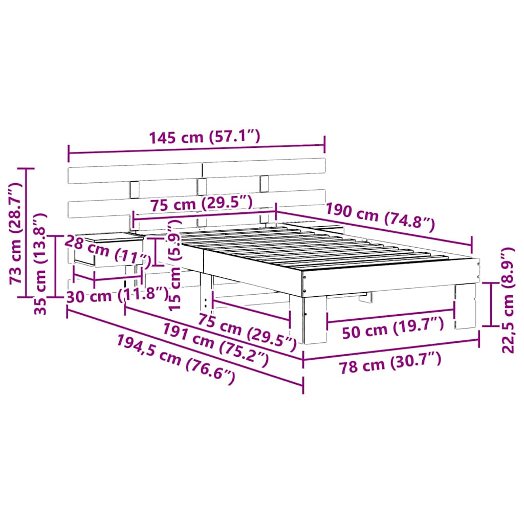 Cadre de lit avec tête de lit Blanc 75 x 190 cm Pin massif - XIOS