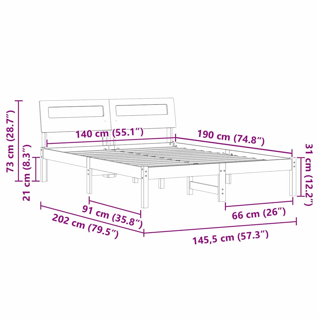 Cadre de lit avec tête de lit Blanc 140 x 190 cm Pin massif - XIOS