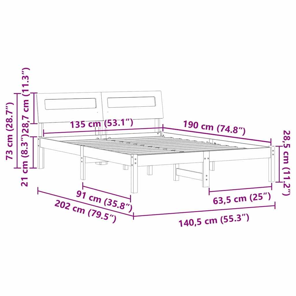 Cadre de lit avec tête de lit Blanc 135 x 190 cm Pin massif - XIOS