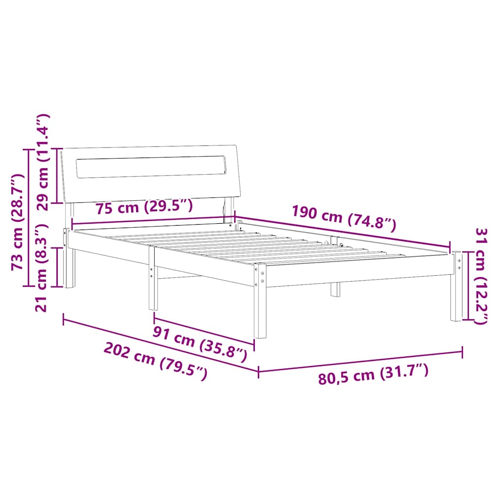 Cadre de lit avec tête de lit Marron 75 x 190 cm Pin massif - XIOS