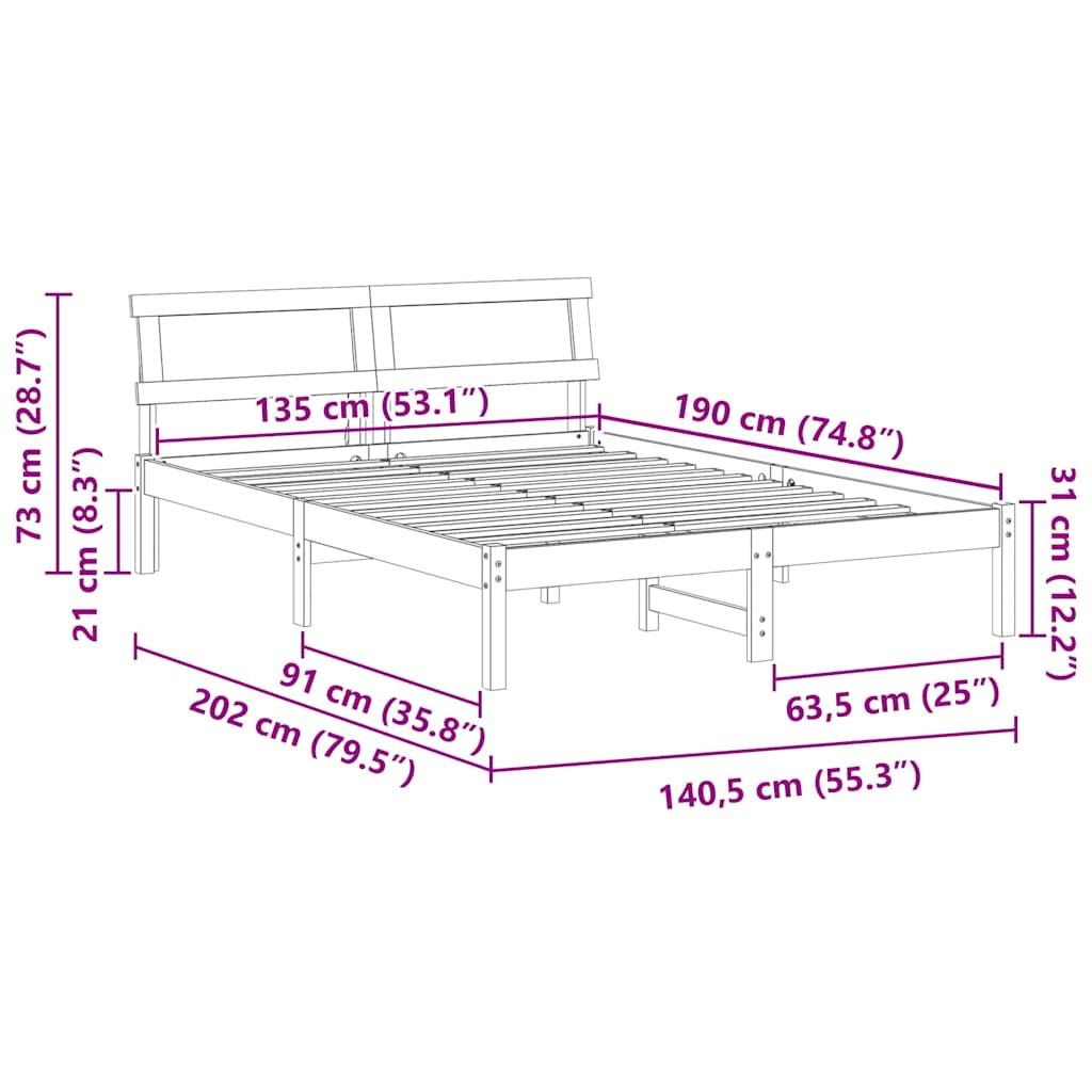 Cadre de lit avec tête de lit Brun cire 135 x 190 cm Pin massif - XIOS