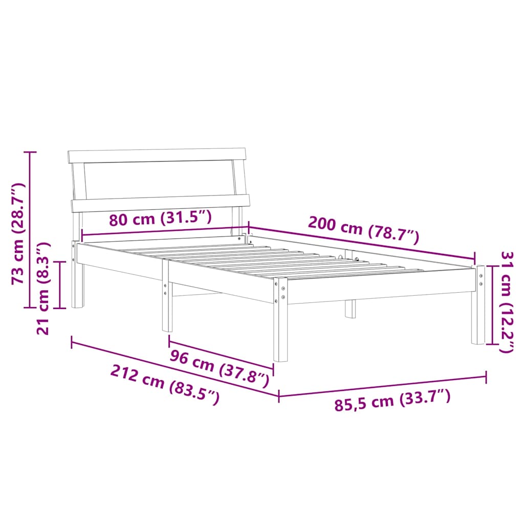 Cadre de lit avec tête de lit Blanc 80 x 200 cm Pin massif - XIOS