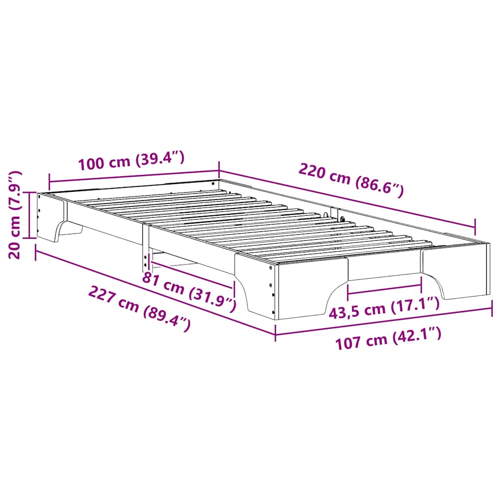 Cadre de lit surélevé Blanc 100 x 220 cm Bois massif en pin - XIOS